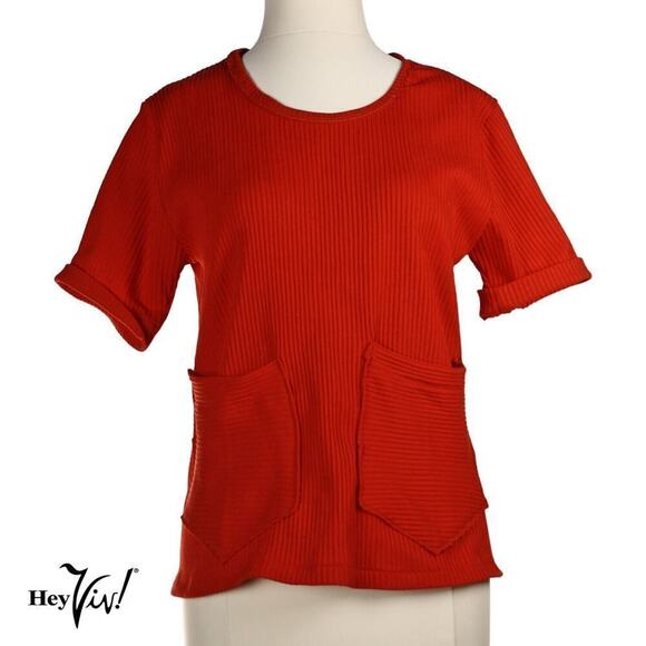 Vintage 70s Top Red Pullover Ribbed Knit w 2 Big Patch Pockets Sz Large -Hey Viv - Picture 1 of 5